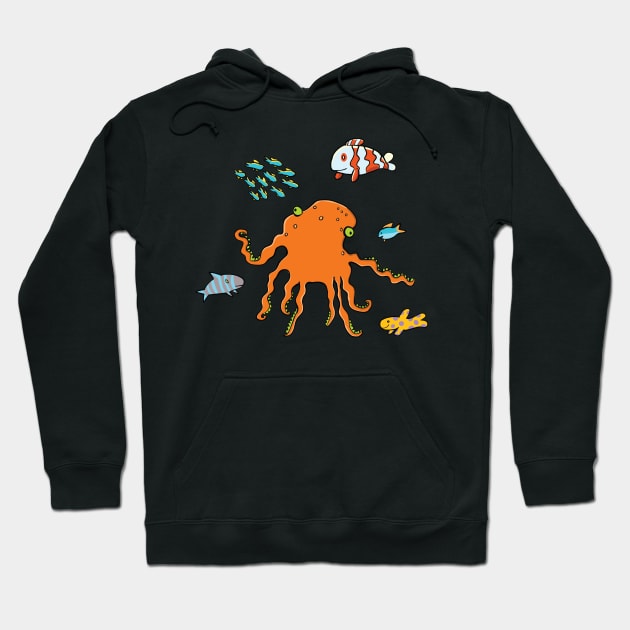 Funny orange octopus and colorful fish around Hoodie by duxpavlic